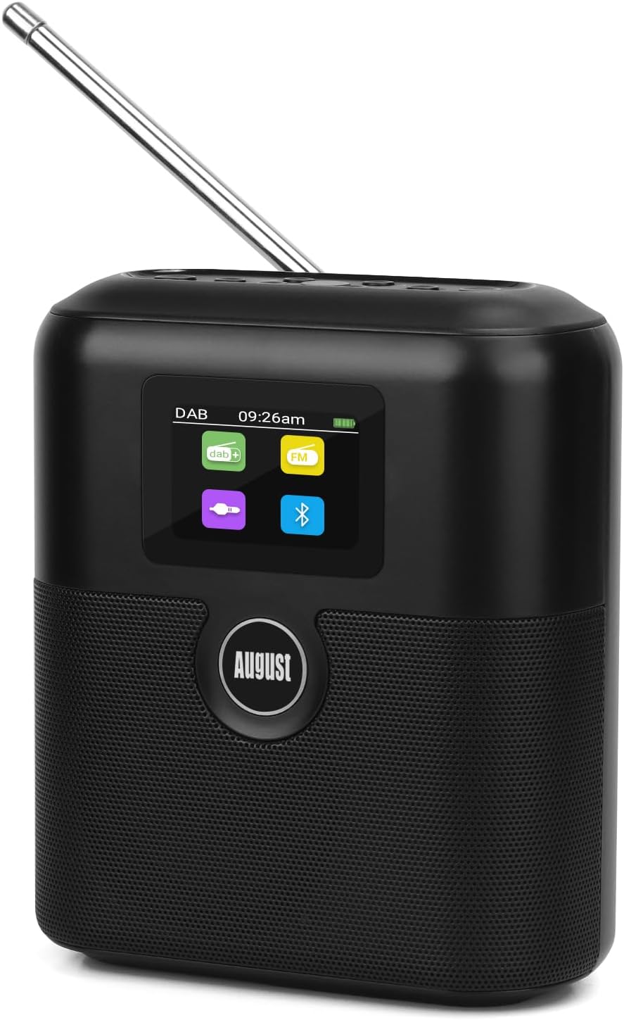 August MB330 Portable Radio front view with display showing DAB, FM, Bluetooth, and AUX icons.