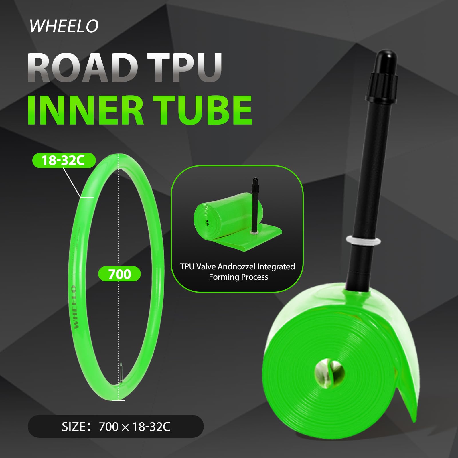 WHEELO Paquete de 2 tubos interiores de TPU, 700C x 18-32 mm, tubo de bicicleta de carretera de 45 mm/65 mm/85 mm, fuerte y compacto | Compatibilidad de llanta y freno de disco