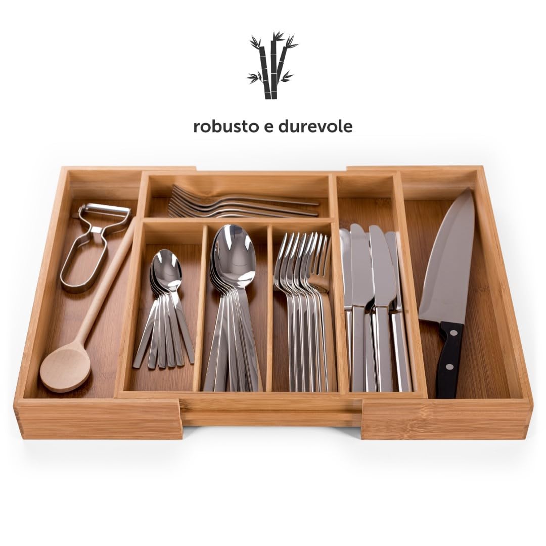 DAMDAM GO Organizzatore Per Posate In Bambù 6 Scomparti - Vassoio Estensibile Per Cassetto Cucina