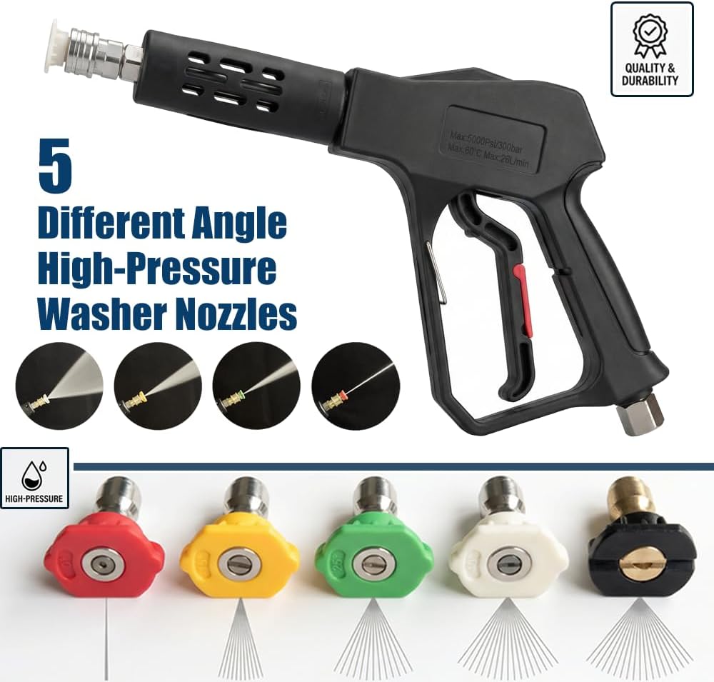 Swivel Pressure Washer Gun,Sturdy 5000PSI Short Power Washer Wand Carwash Spray Foam Gun Handle with 3/8 Plug & M22-14mm & M22-15mm and 1/4 Adapter 5 nozzles