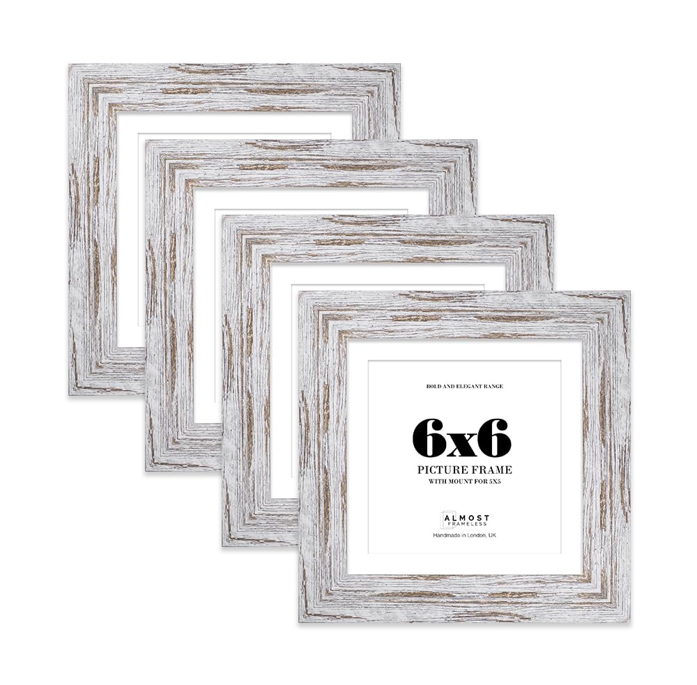 6x6" Distressed Wood Square Frame With Mount for 5x5" Pictures 28mm Edge Frame Display with Wall Hooks and Kickstand, 4 Pack