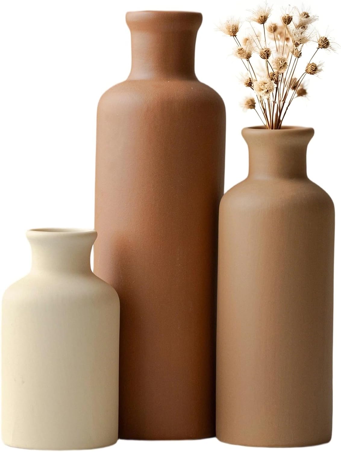 TINCTOTNICVase Modern Ceramic Vase Set of 3 - Neutral Earth Tones, Farmhouse Rustic Decor Bottles for Home, Housewarming Wedding Gifts