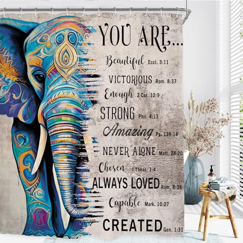 Miyotaa MIY-AZ9E-VKOP Elephant Indian Quotes Shower Curtain Set 60Wx71H Inches Bohemian Inspirational Motivational Positive Bible Ethnic Waterproof Bathroom Curtain thumb #4