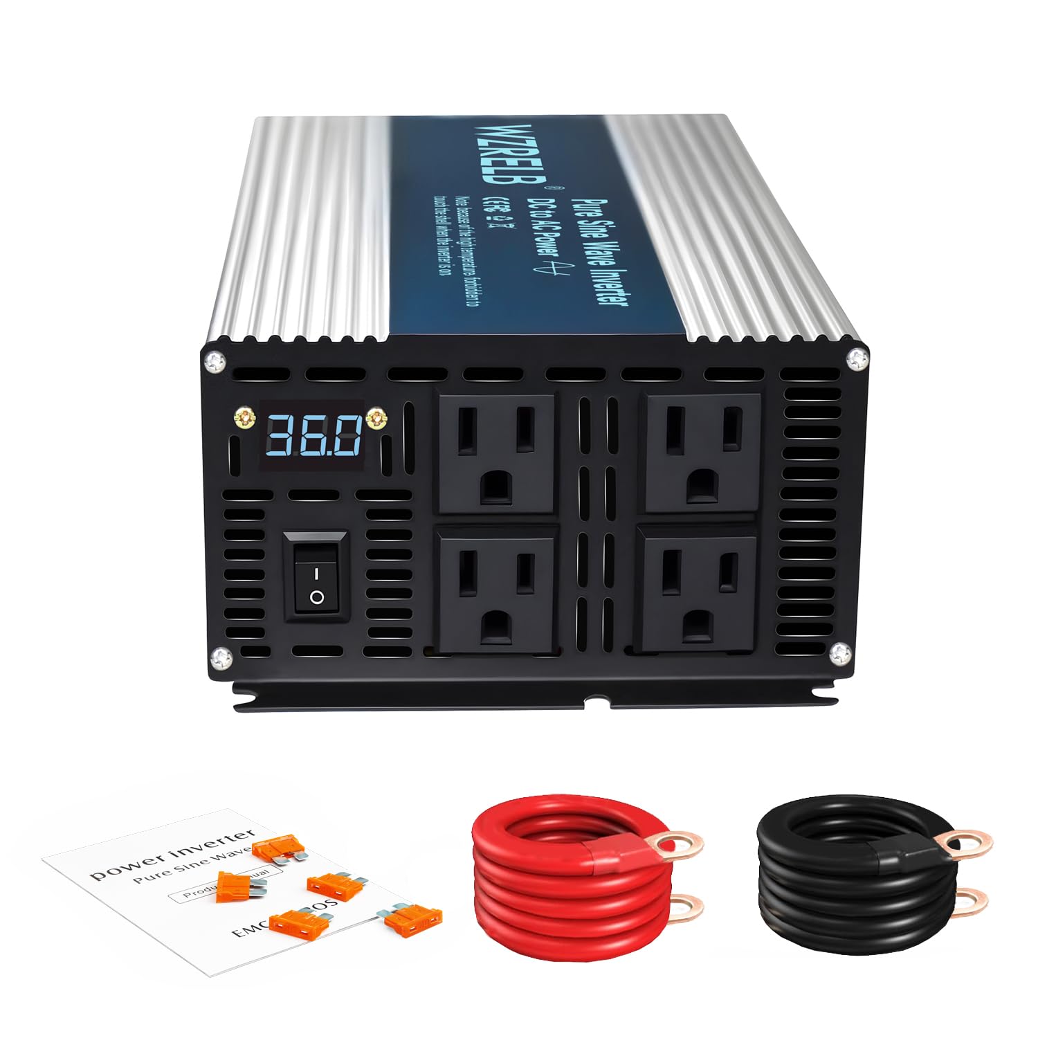 WZRELB 2000W Pure Sine Wave Inverter 12V DC to 110V 120V AC Power Converter with LED Display, Off-Grid Portable Power Inverter with 4 AC Outlets for Home, RV, Truck, Camping