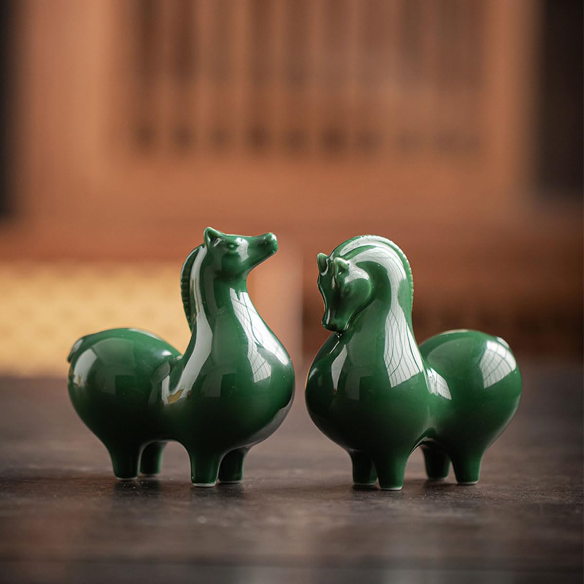 Small Horse Statue,Green Sculpture for Office & Home Decor,2pcs Ceramic Ornament for Horse Lovers