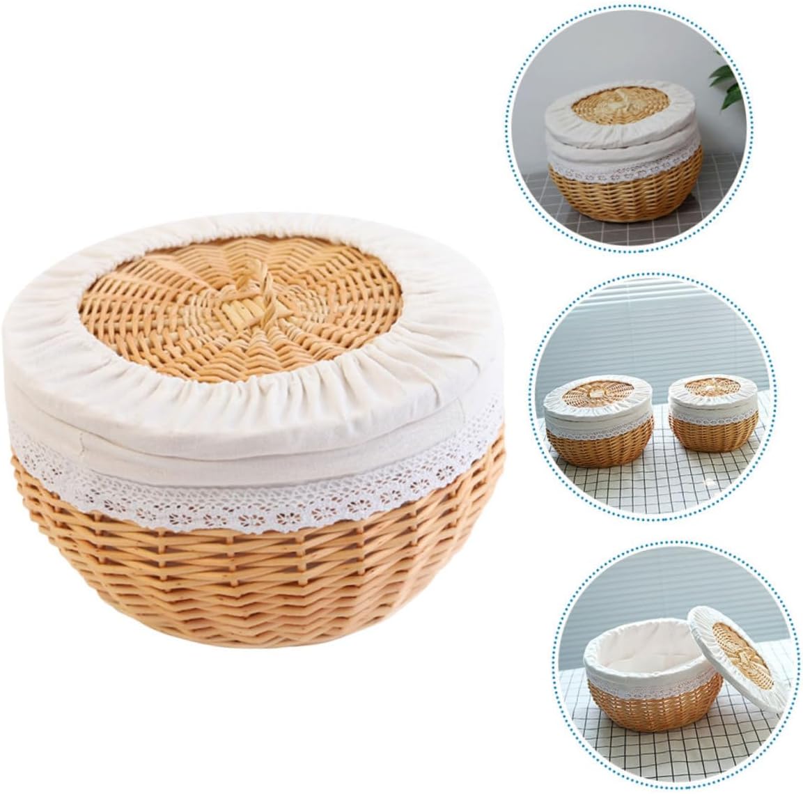 Woven Wood Bread Basket with Pure White Liner, Medium 30cm Diameter Wicker Food Storage Basket for Snacks and Fruit, Household Kitchen Serving and Dining Organizer