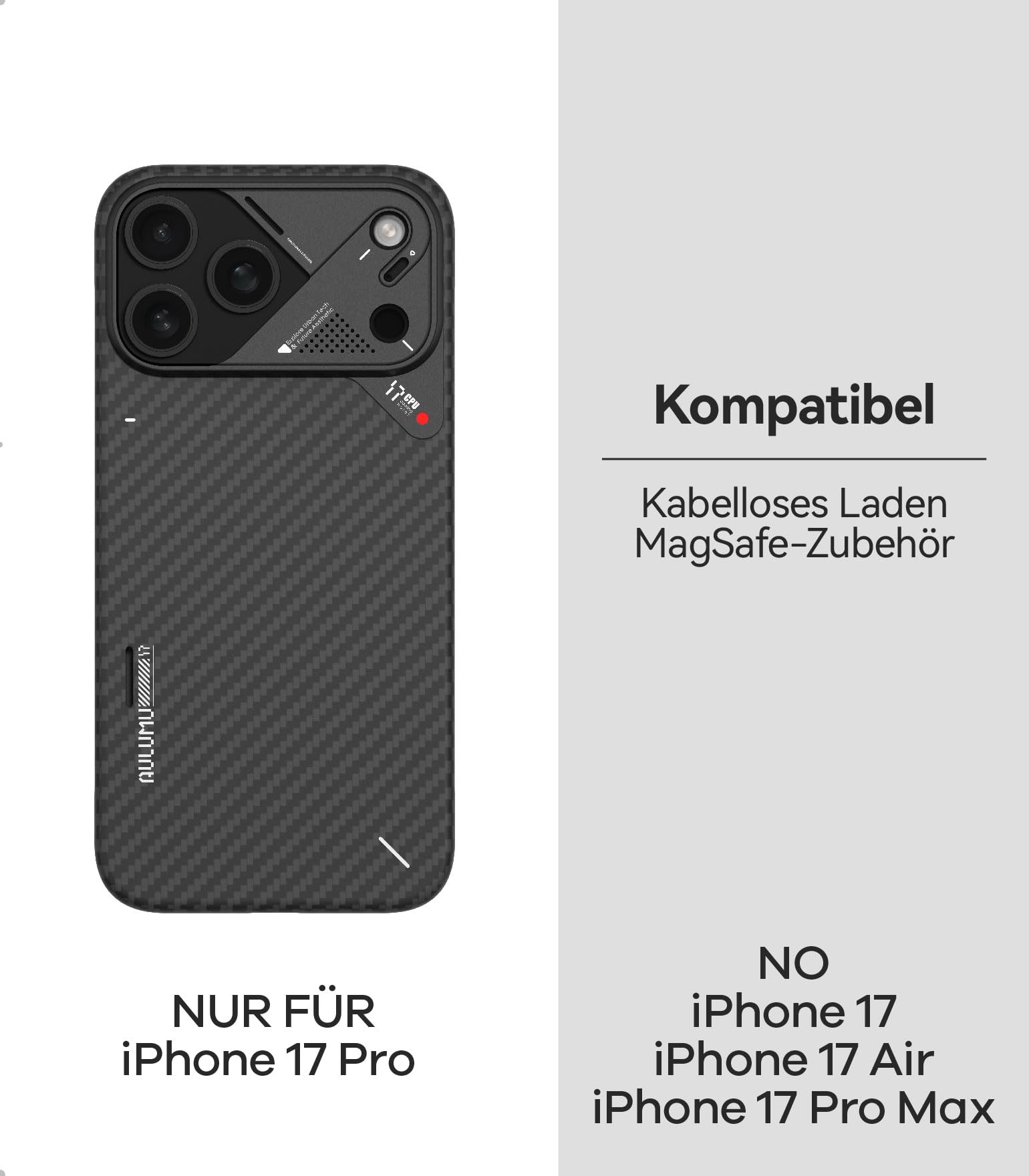 Aulumu A17 iPhone 17 Pro Hülle für MagSafe aus Aramidfaser 1500D Ultradünn Gewebt, CoolHyper Echte Kühlung, Handyhülle für iPhone 17 Pro Case mit Kameraschutz, Schwarz