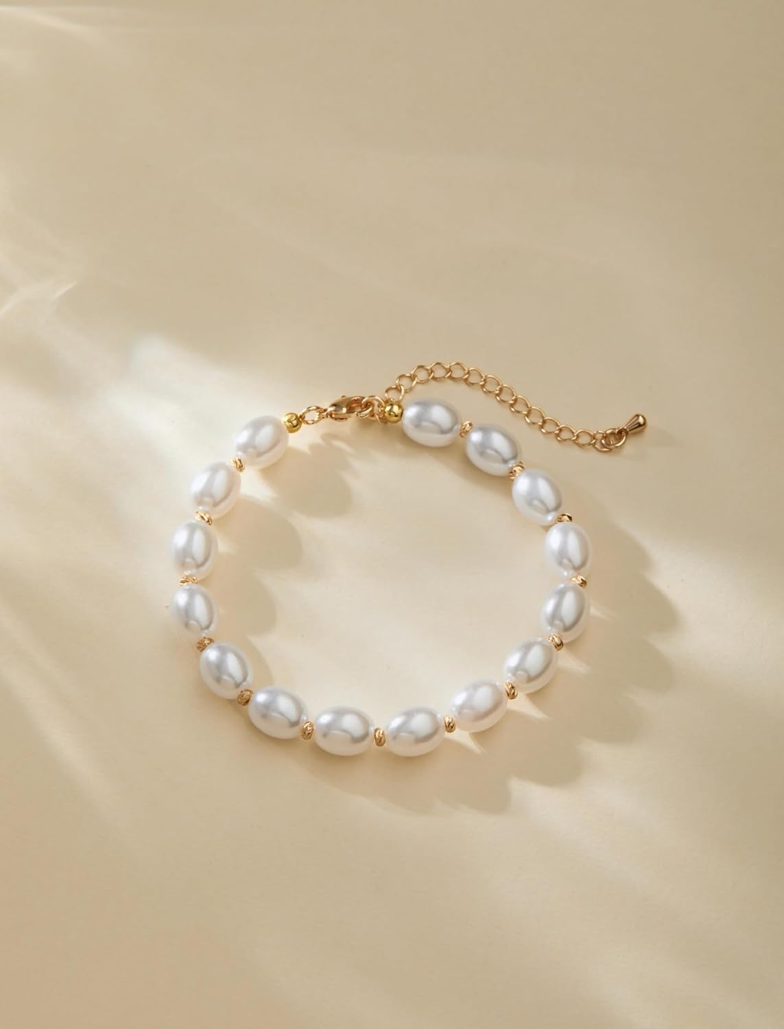 vevelota Pearl Bracelet for Women 18K Gold Plated Beaded Link Chain Dainty Bracelet with Simulated Pearl Trendy Stack - Image 4