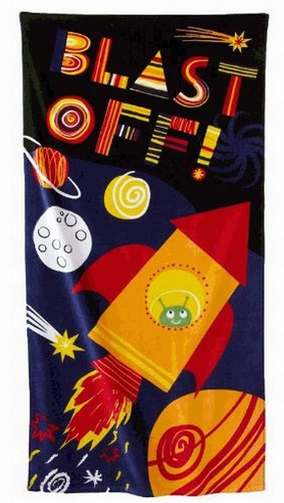 Jumping Beans Blast Off Rocket Plush Cotton Velour Beach Towel 30x60