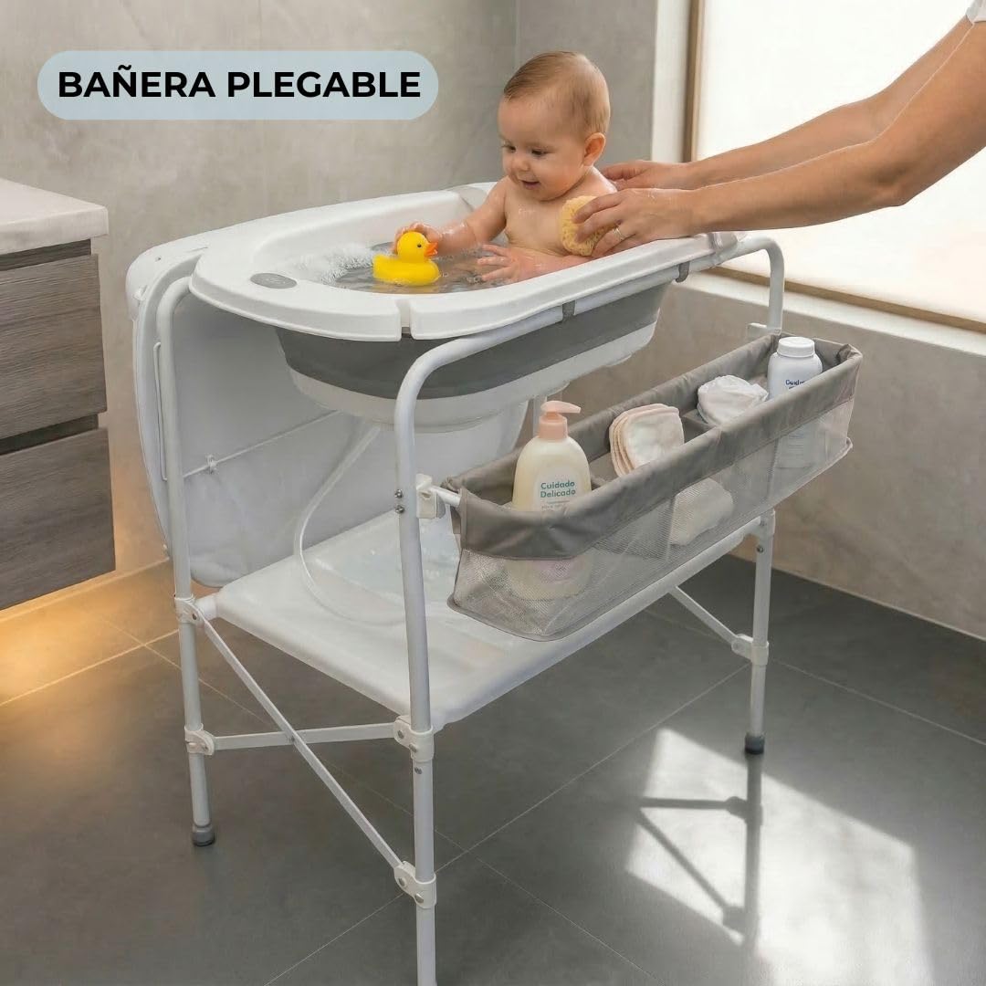 BATHBY Bañera Bebé con Patas Multifuncional 6 en 1: Plegable con Soporte, con Termómetro, Cojín Reductor, Cambiador, Bandeja y Cesta Organizadoras, Desagüe con Tubo y Soporte para Ducha, (Gris Pro)