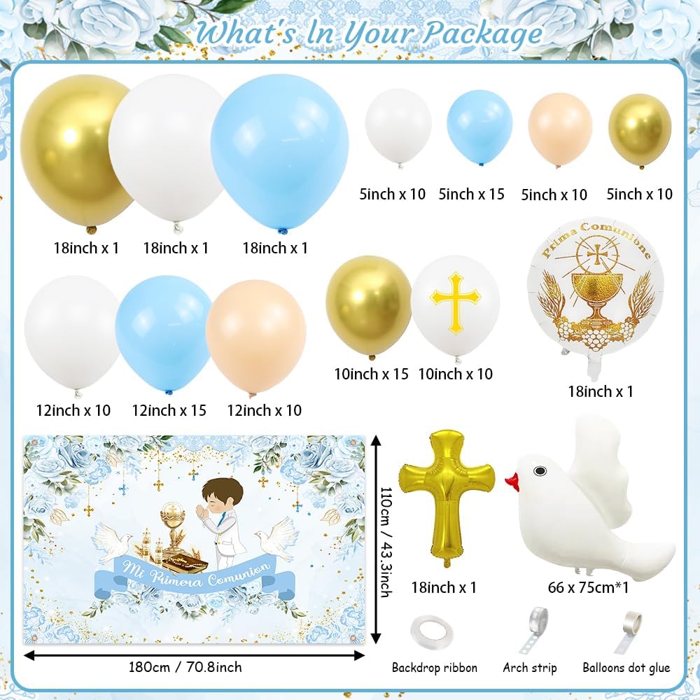 309 Pcs Mi Primera Comunion Baptism Party Decorations for Boy Blue First Holy Communion Party Supplies