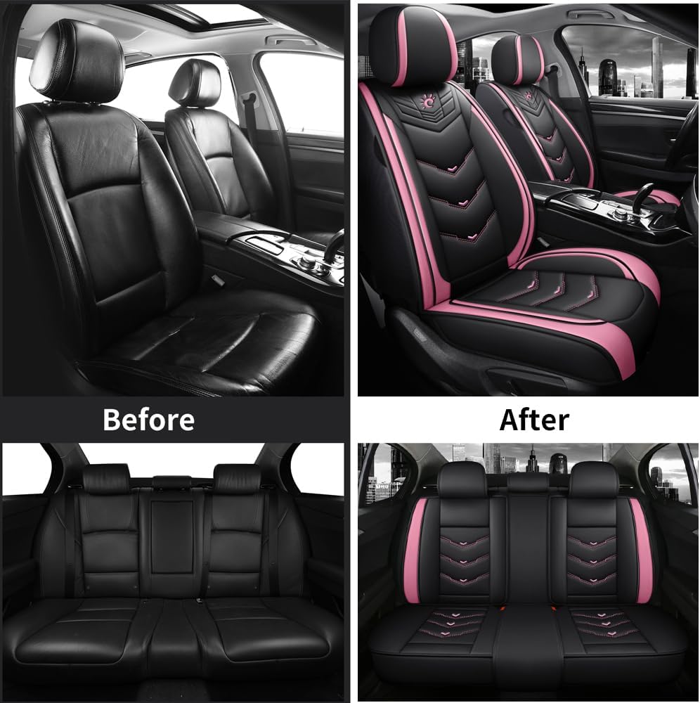 Comfortable Leather Auto Car Seat Covers Front & Rear Seat Protector Fit Sedan SUV 5 Seats Full Set Universal Fit (Black and Pink, Full Set)