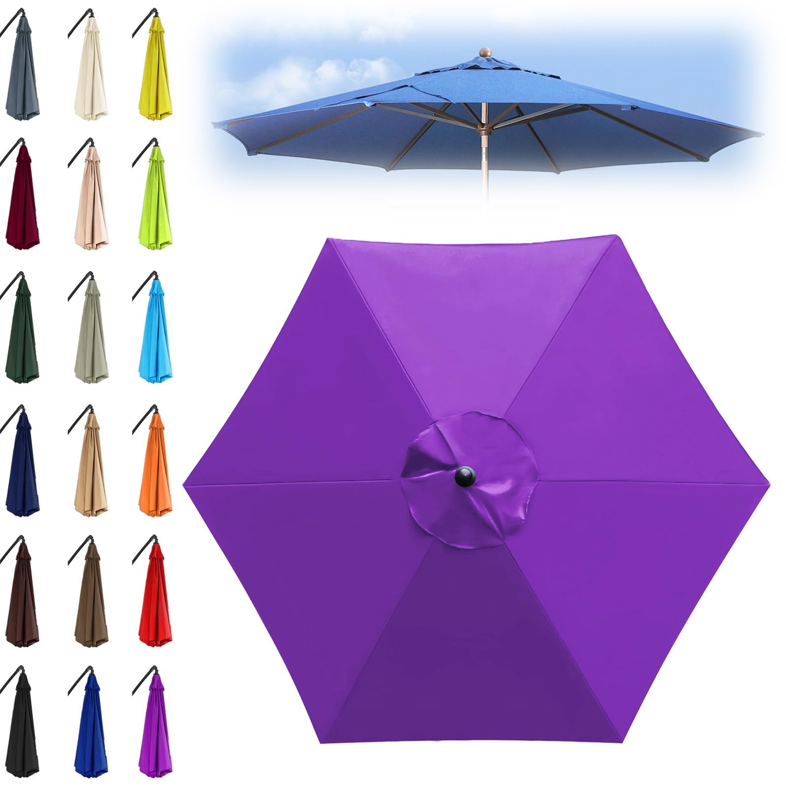 6.6/8.2/8.9/9.8ft Market Umbrella Top | 6 Arms Umbrella Replacement Canopy | UV Protective | Canopy Only | for Yard, Backyard, Garden, Patio(Purple,6 ribs: 2.7m/8.9ft)