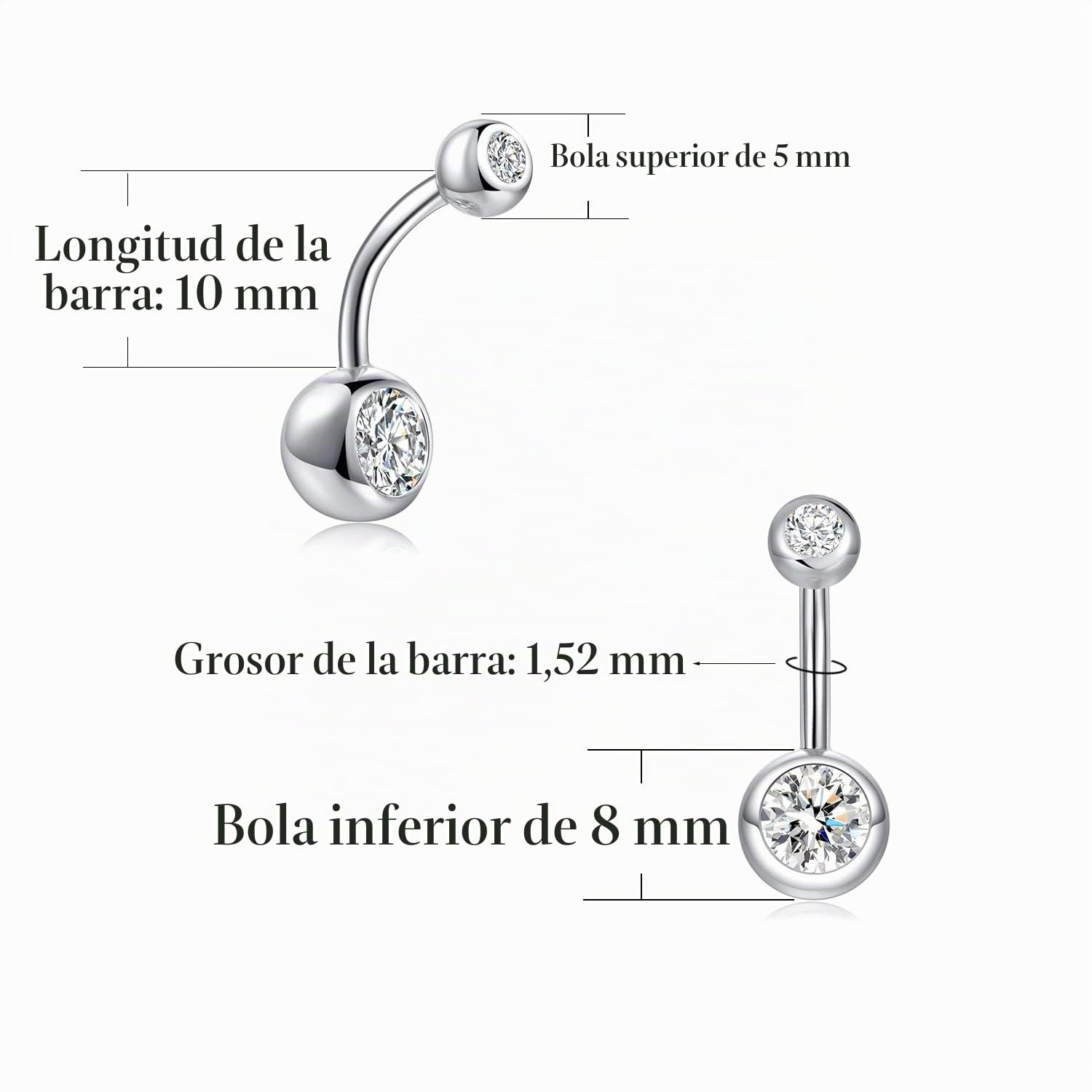 Piercing para ombligo de plata de ley con circonita cúbica, curvado, 10 mm, para mujeres y hombres