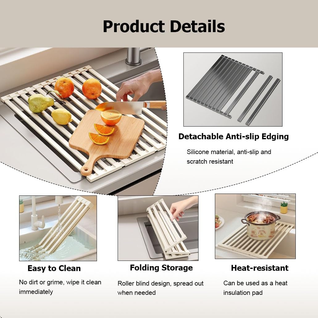 Escurridor de Platos sobre el Fregadero de 12,6 a 23,6 Pulgadas, de Acero Inoxidable 304, expandible, Antideslizante y Resistente al Calor.