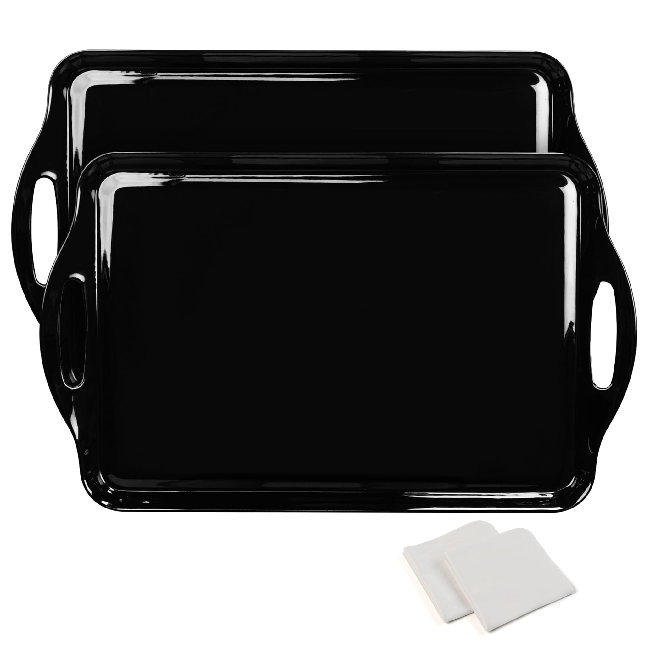 large black serving tray with handles, 19''x11.6'' melamine platters, rectangular trays for serving food, turkey, cookie, cupcakes, desserts, dishwasher safe, bpa-free, set of 2