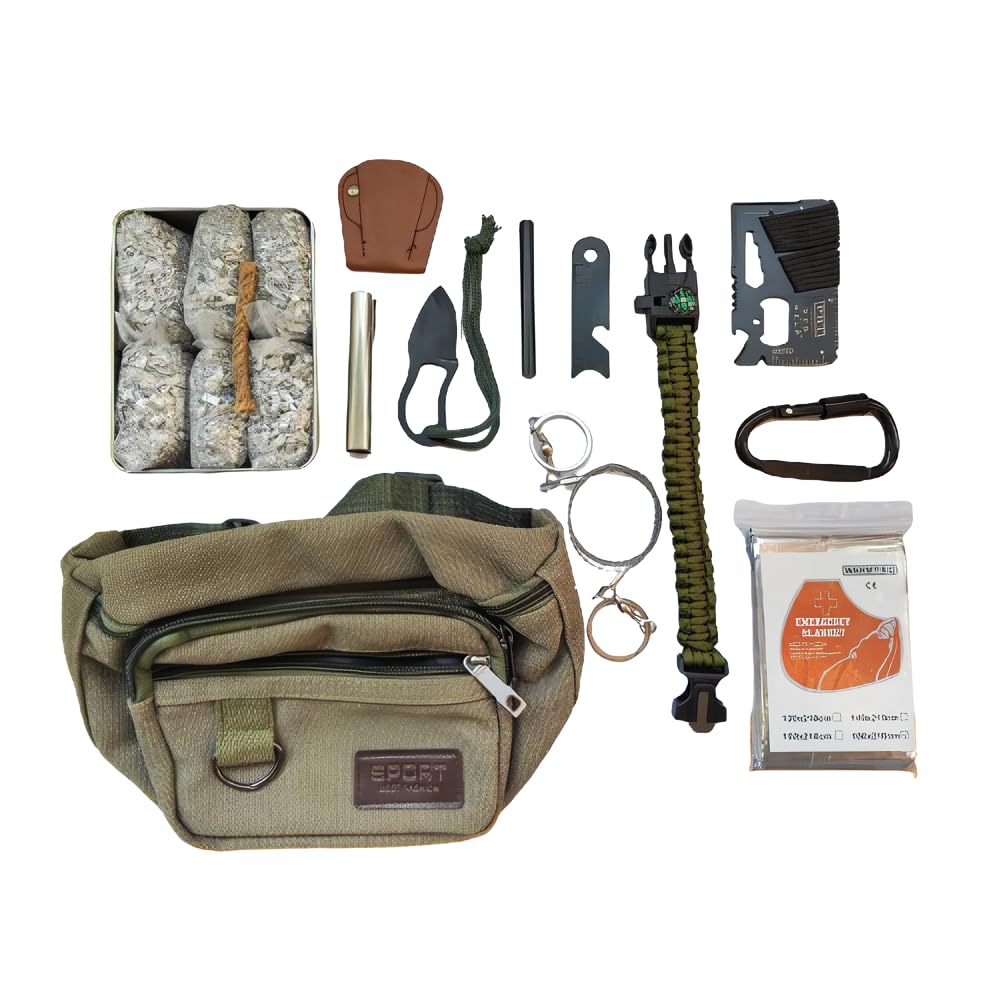 Emergency Fire Stater 6 Bags Magnesium Ferro Striker Saw Wire Multi Purpose Tool Blanket Wax Rope Camping Hiking Bushcraft + 1 Free Tin Can (Mg + FerroStriker + Knife + Saw + Blanket + WaxRope)