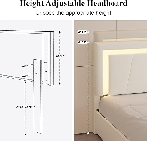 Miniatura 6 de Base de cama tamaño Queen con 4 cajones de almacenamiento y luces LED, plataforma tapizada con cabecera ajustable y estación de carga, soporte de