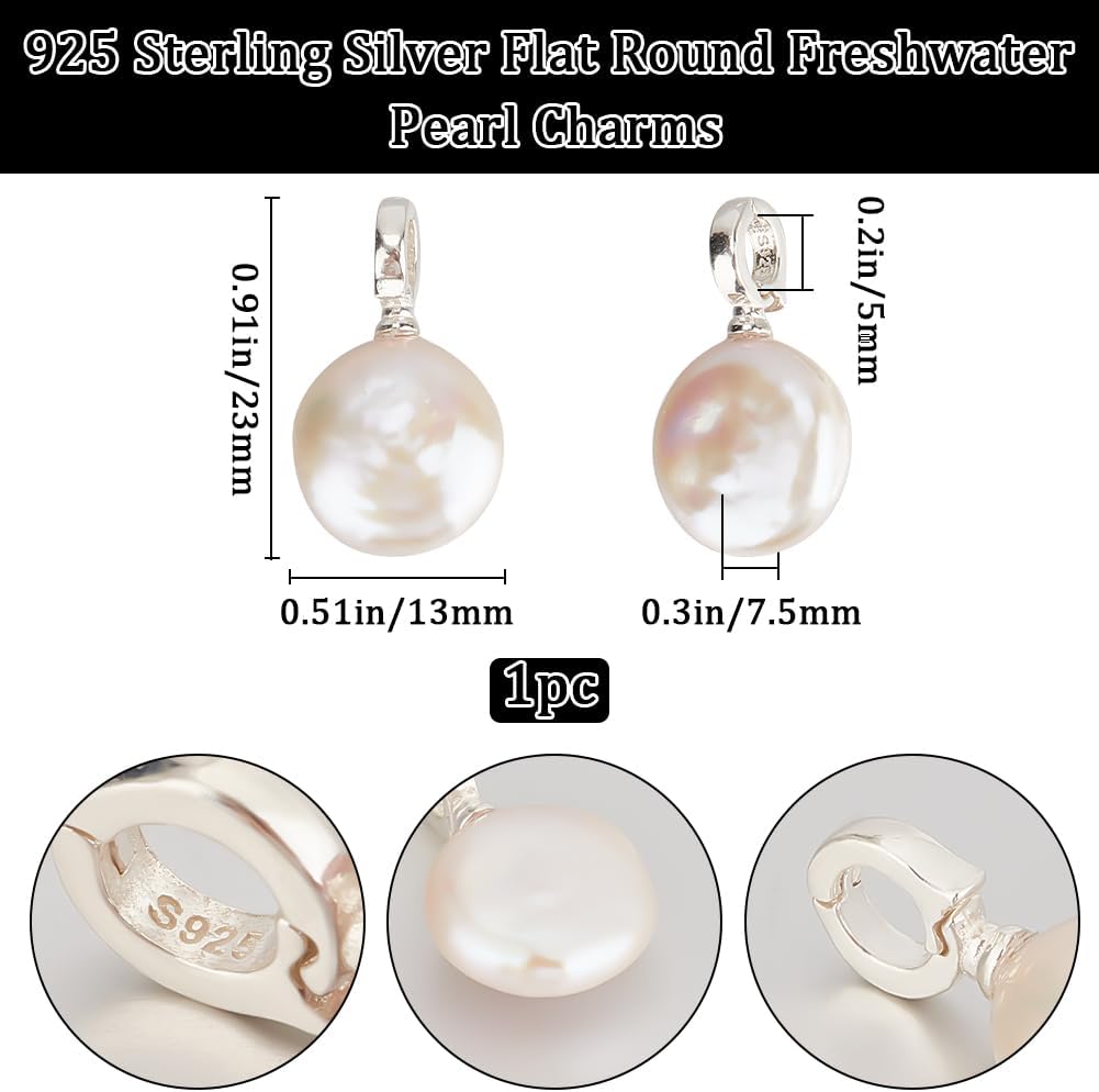 Beebeecraft 1 Box 1Pc Pearl Charms Natural Baroque Cultured Freshwater Keshi Flat Oval Pearl Pendants with 925 Sterling Silver Pinch Bail for Bracelet Necklace Jewellery Making