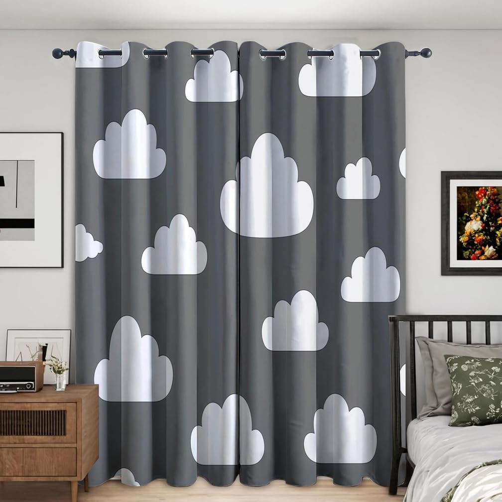Chambre d'enfant Rideau Gris Occultant Thermique Isolant 140X240 cm Anti Froid et Chaleur Rideau pour Chambre et Salon Nuages Décoration de Fenêtre,Ae,140x240H cm (2 Panels)