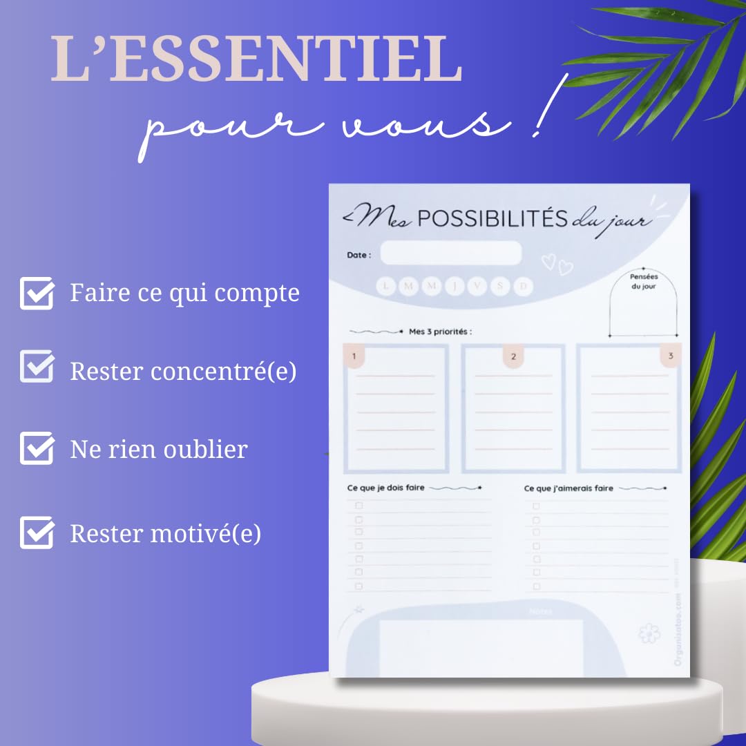 Bloc-notes développement personnel A5 50 pages détachables planning du jour français