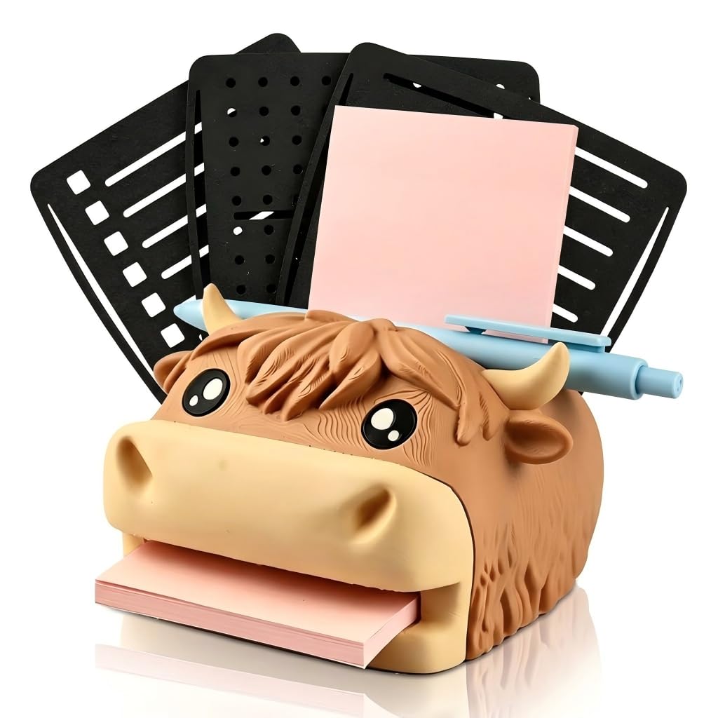 3D Printed Highland Cow Sticky Note Holder Animal Memo Pad Dispenser with 3 Reusable Stencils Pen Rest Novelty Desk Organizer Cute Animal Memo Pad Dispensers, for Office & Home (Cow)
