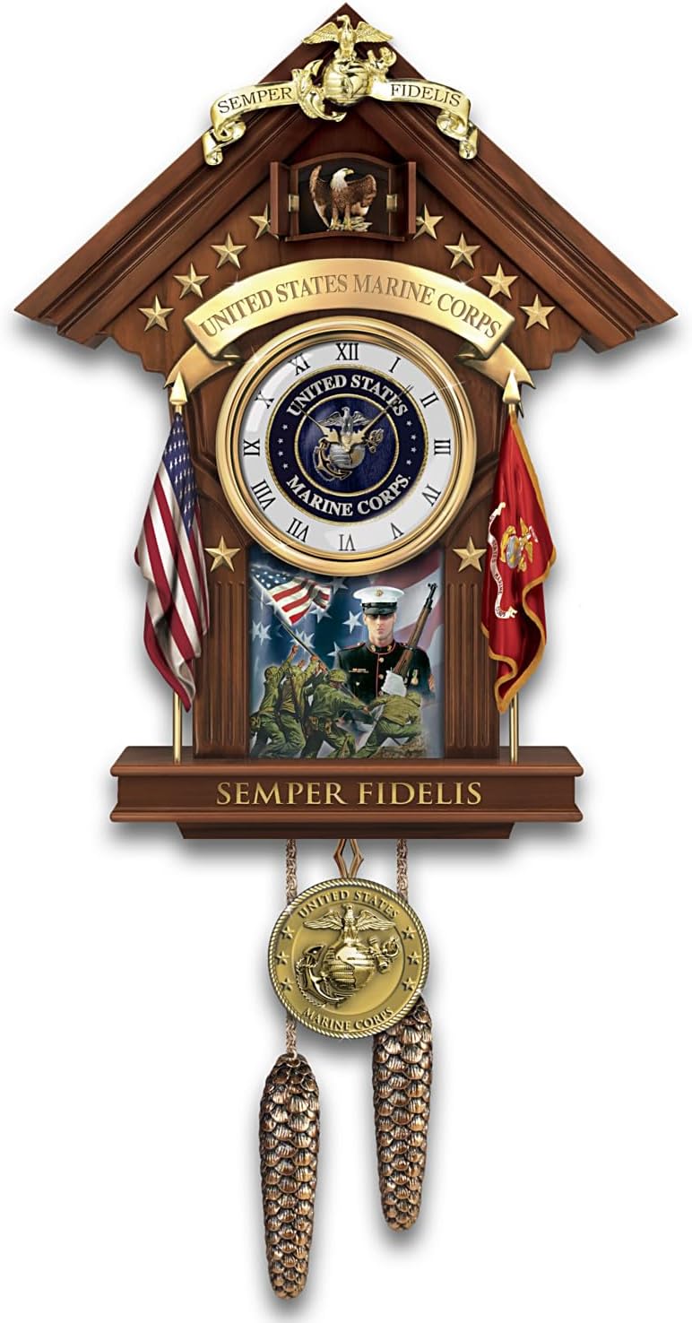 The Bradford Exchange USMC Semper Fi Fully Sculpted Cuckoo Clock with Mahogany Finish