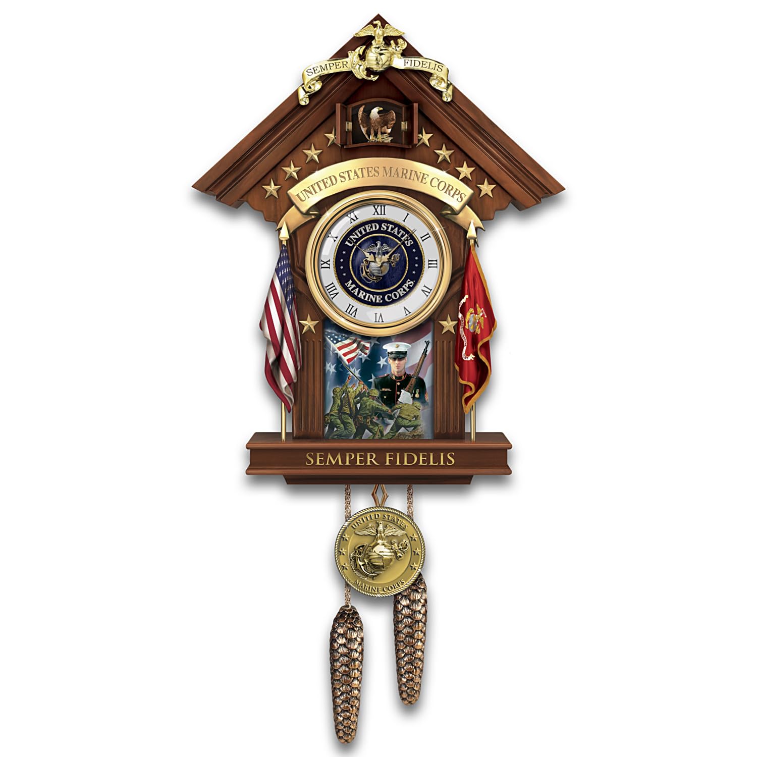 The Bradford Exchange USMC Semper Fi Fully Sculpted Cuckoo Clock with Mahogany Finish