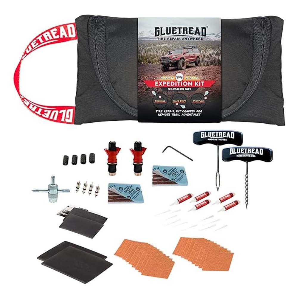 Kit de reparación de neumáticos GlueTread Expedition All Inclusive Off-Road para reparación de cualquier tipo de pinchazos o pinchazos, incluye parches de reparación de neumáticos laterales, tapones y