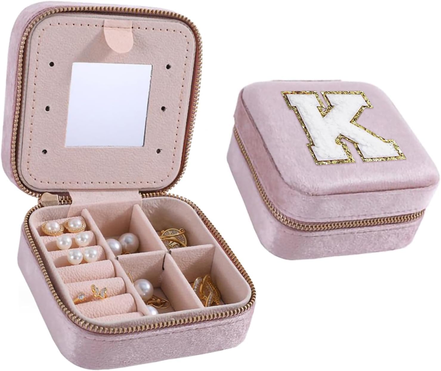 Velvet Travel Jewelry Case Box for Women, Ring Necklace Earring Jewelrys Holder Organizer With Mirror, Pink Jewelryes Girls Jewelries Box,Birthday Gifts Mom Initial A (Pink, A)