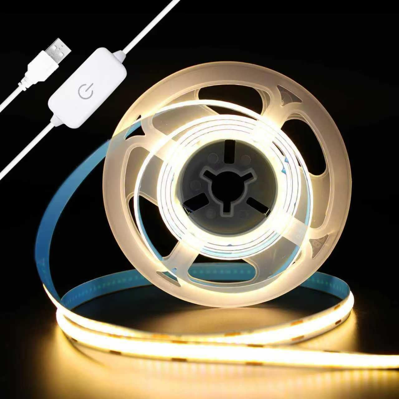 PERVADEO 5V USB COB LED Strip Lights, 3M/9.84ft Dimmable Led Light Strip Warm White 3000K Dotless Tape Light High Density 320LEDs/M for Bedroom Kitchen Under Cabinet Home Decor