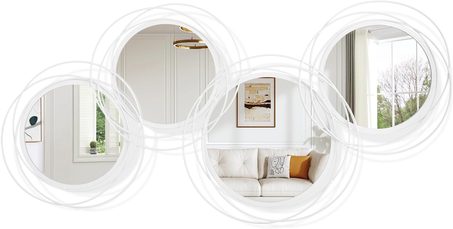 Round Decorative Wall Mirror, Black 4 Pcs Circle Modern Mirror Wall Art Ring Metal Mirrors Wall Mounted for Living Room Bedroom Entryway Dining Room Hallway 16x32 Inch