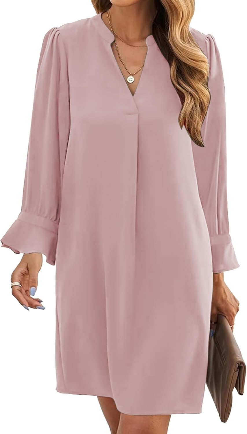 Famulily Ladies Fall Casual Mini Dresses Ruffled Long Sleeve V Neck Shift Dress Loose Work Dresses S-XXL