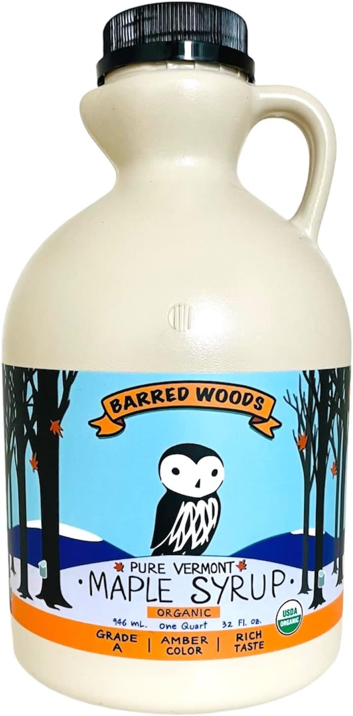 Barred Woods Organic Vermont Maple Syrup - Grade A Amber Rich, Quart Jug (32 oz)