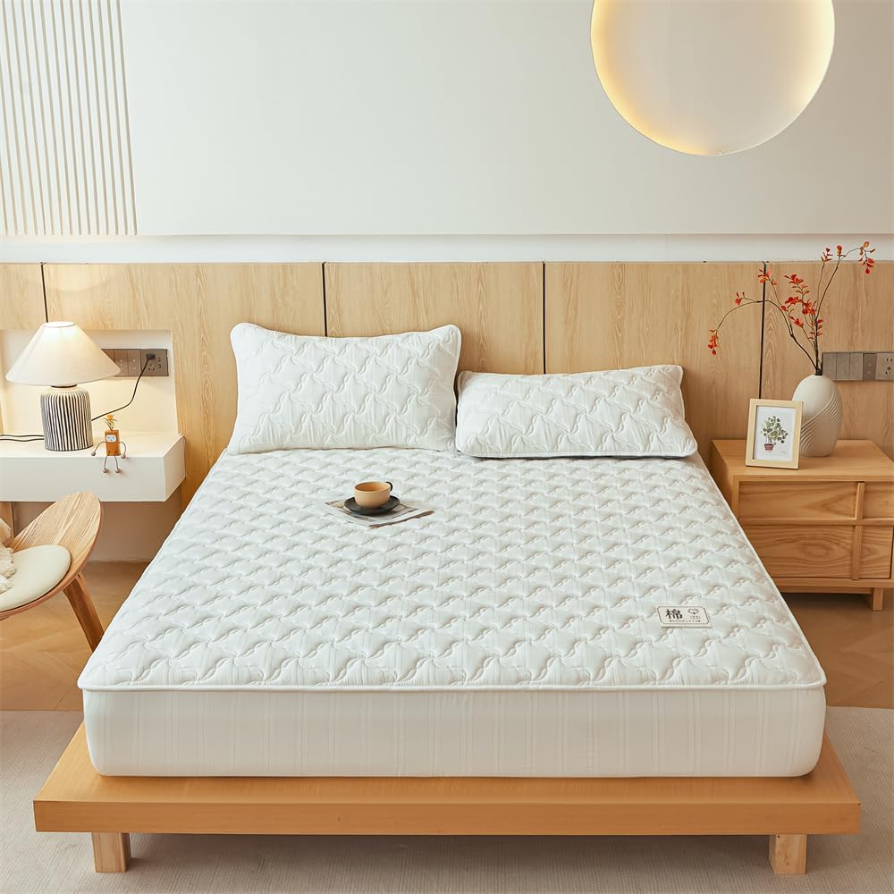Mattress Protector,Elastic Fitted Breathable Fitted Sheet,with Deep Pocket for 6-18 inches Mattress,for Kids Teenager Bedroom（Pillowcase Sold Separately） (White,Queen)