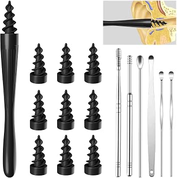 Ear Wax Removal Tool, Ear Wax Removal Reusable and Washable Replacement Soft Silicone Tips for Cleaner Earwax, Ear Wax Removal Kit Contains 7 Types of Ear Cleaner Tools Deep Black