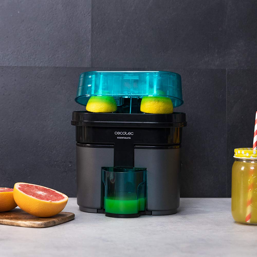 Cecotec Elektrische Orangenpresse EssentialVita Twice Black. 90 W, Doppelkopf und -schneider, Fruchtfleischfilter, 500-ml-Glas, spülmaschinenfeste Teile