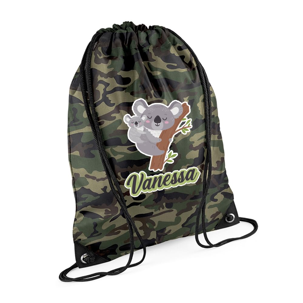 Personalised Koala Animal Pattern, Back to School Gift, Gift For Kids, Drawstring Bag, PE Gym Kit Swimming, Sport Rucksack. (Jungle Camo)