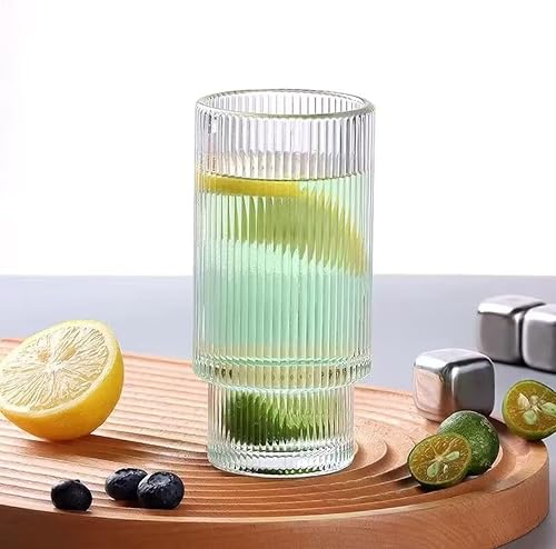 Miniatura 4 de Vasos de vidrio acanalado de 16 onzas con tapas y popotes, tazas de café helado con tapa de bambú, cristalería vintage para whisky, cóctel, cerveza,