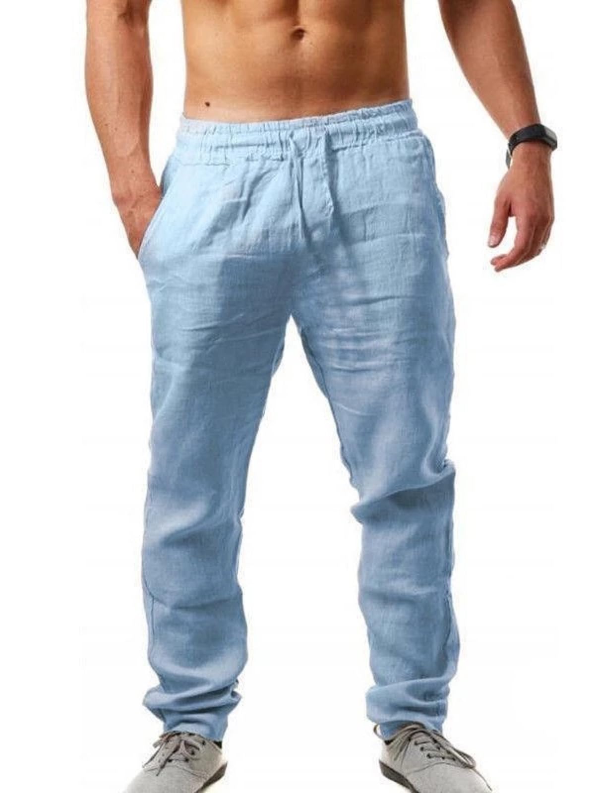 YawYewsMens Linen Cotton Trousers - Summer Casual Elasticated Waist Lightweight Yoga Pants M-3XL