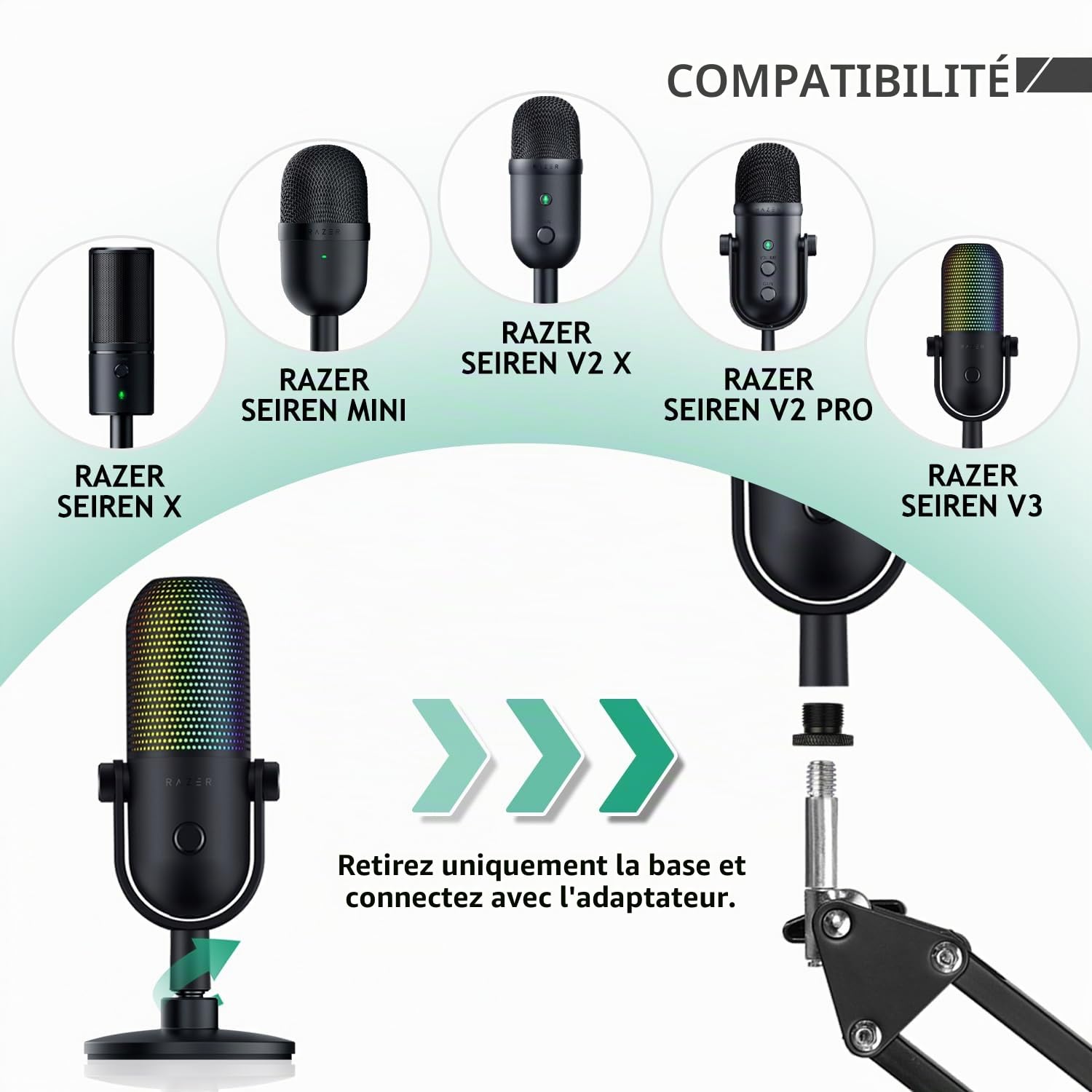 Bras de Microphone Réglable, Support de Microphone Compatible Avec Seiren x Mini V2 V3 USB Streaming Microphone pour L'enregistrement, Les Jeux et Les Podcasts