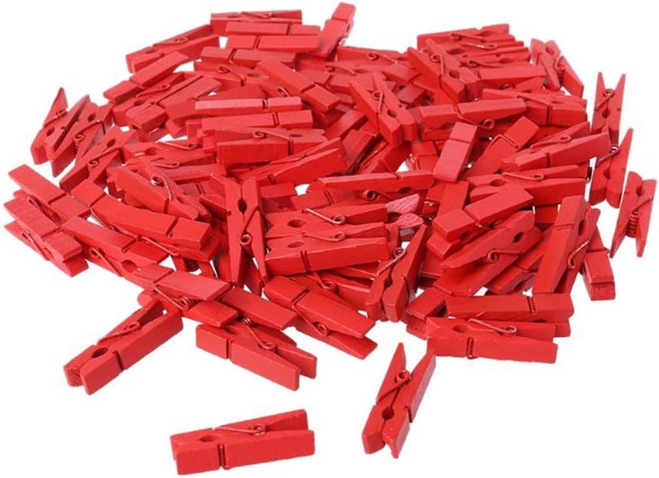 100pcs Mini Colored Spring Wood Clips Clothes Photo Paper Peg Pin Clothespin Craft Clips Party Decoration(Red)