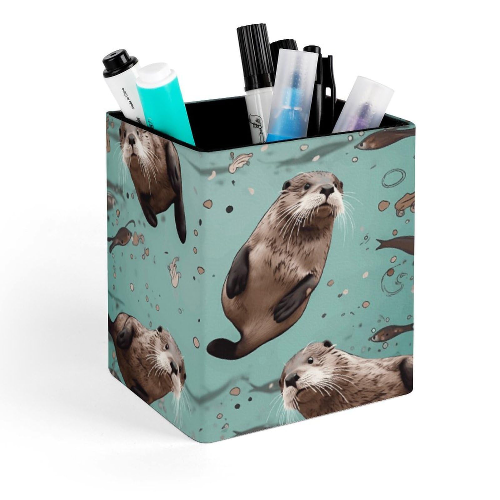 DWVTSLH Aesthetic Pen Holder for Desk - Modern Leather Pencil Holder - Stylish Square Makeup Brush Holder - Otters Pen Cup Cute And Functional Desk Organizer for Office Supplies