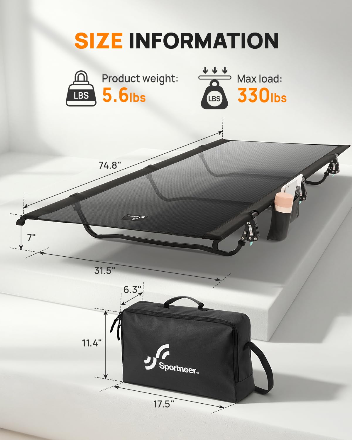 Sportneer Lit de camping compact ultraléger, lit de camping extra large de 80 cm, lit de camping pliable avec poche latérale, lit de tente portable avec sac de transport pour voyage, camping