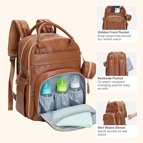 Miniatura 6 de BabbleRoo - Mochila de cuero para pañales, bolso de viaje para bebé con artículos esenciales, multifuncional, resistente al agua, con almohadilla