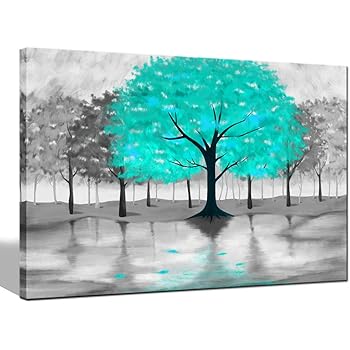 Amazon Com Sechars Modern Canvas Wall Art Abstract Turquoise Tree Paintings Picture Wall Art Grey And Teal Bathroom Decor Forest Art Prints For Home Living Room Decorations Framed Ready To Hang Posters