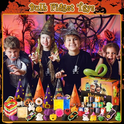 Weceit TR-001 169 Pcs Halloween Party Favors For Kids, 24 Pack Halloween Slime And Kawaii Mochi Squishy Fidget Toys Bulk Stuffer Witch Hat, Non Candy Halloween Treats Bags Filler Classroom Favors thumb #3