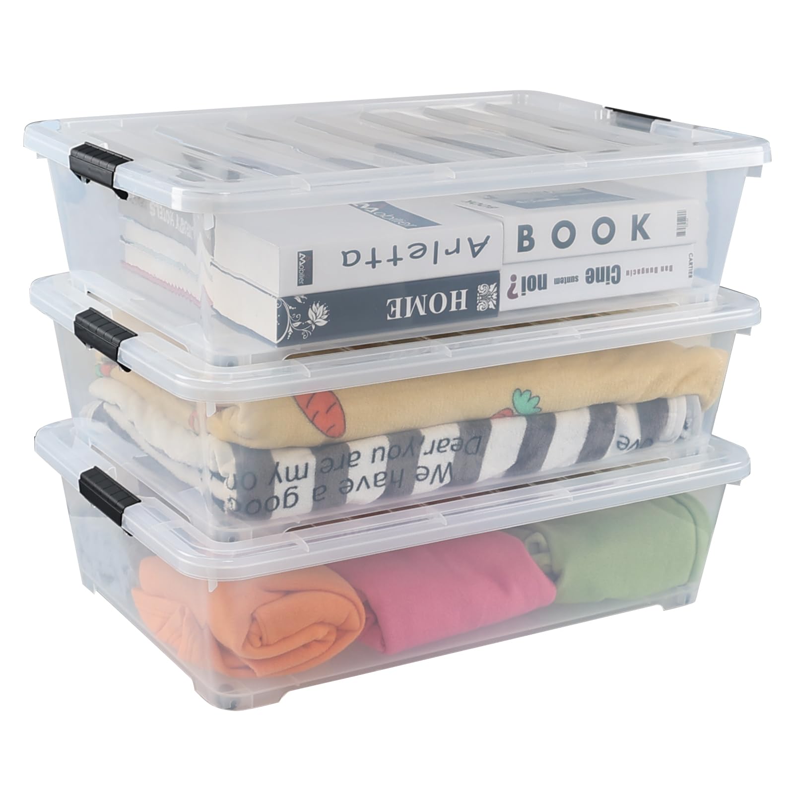 Wakikini 50 Quart Large Clear Underbed Boxes with Wheels, Stackable Plastic Storage Bin with Lids, 3 Packs