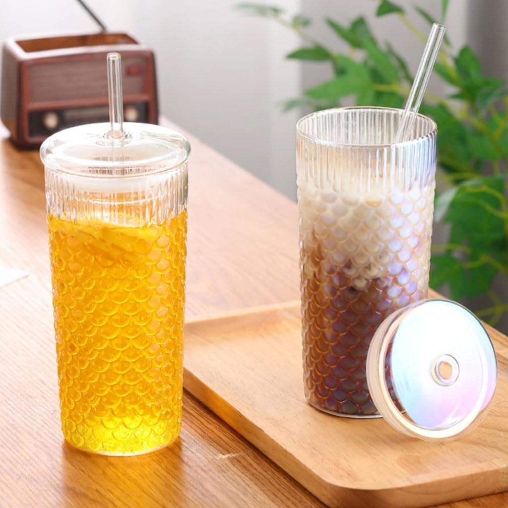 Exquisite Creative Glass Cup with lid and Straw iced Coffee Glasses Juice Beverage Glasses Tea Mug Drinking Cups Travel Cup 750ml Practical