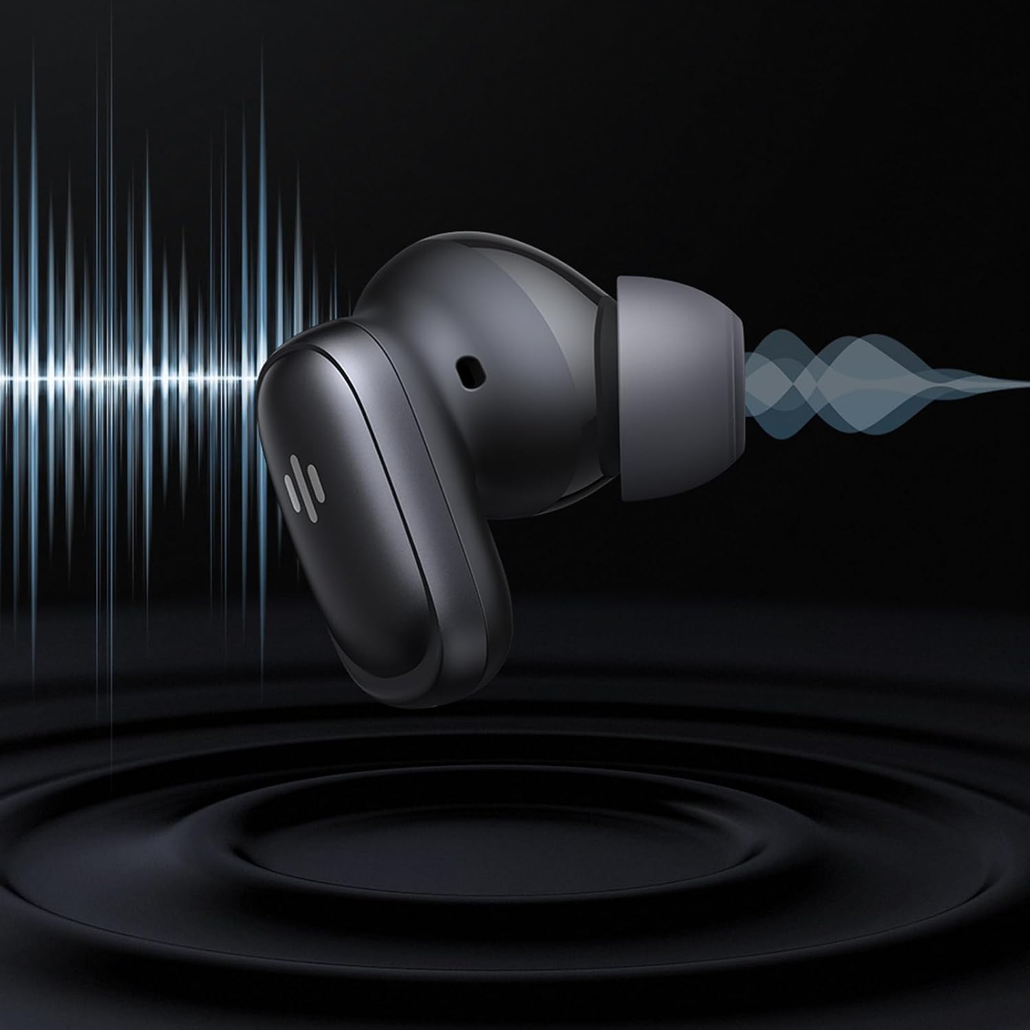 Close-up of an mcdodo Speak A01 earbud with sound wave graphics, illustrating noise cancellation technology.